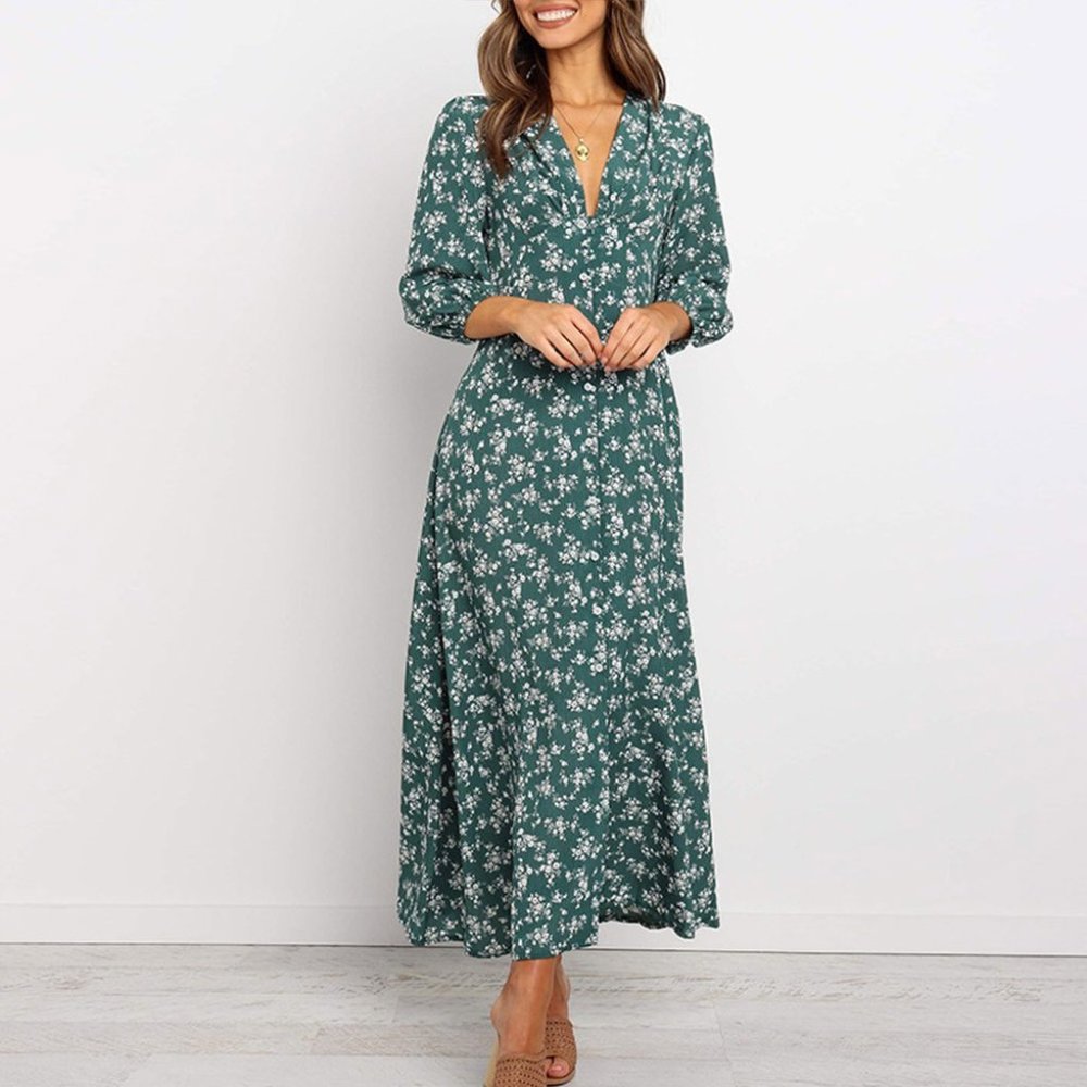 V-neck 3/4 Sleeve Floral Boho Long Dress